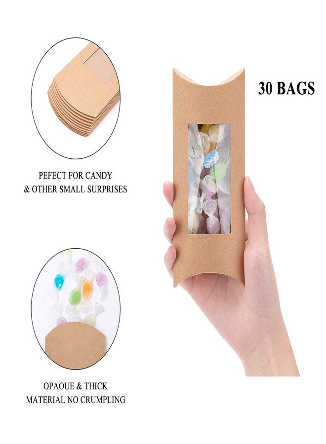 BENECREAT 30pcs 7.3x3x1 Inches Brown Kraft Paper Pillow Boxes with Clear Window, Candy Packaging Box Treat Box for Birthday Wedding Party - Image 3